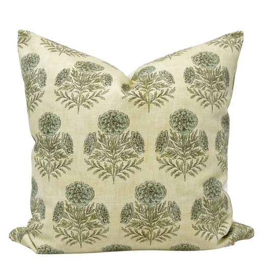 Blue and green marigold floral pillow cover
