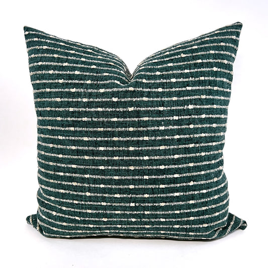 Dark teal green and beige woven stripe pillow cover