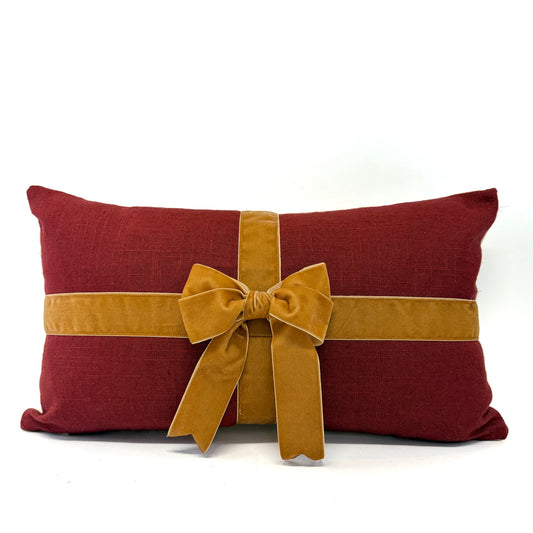 Deep red linen blend and gold bow pillow cover