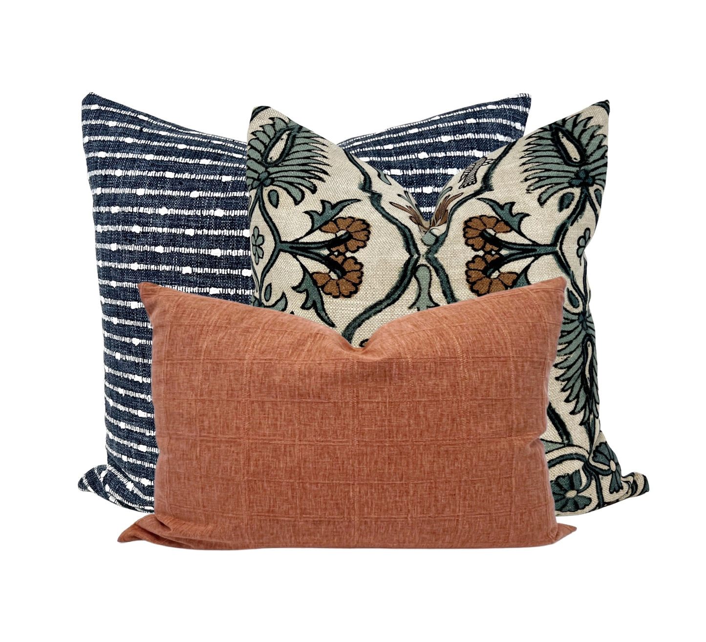 Pillow cover combination #3, indigo stripe pillow cover, blue and terra cotta floral pillow cover, clay windowpane pillow cover
