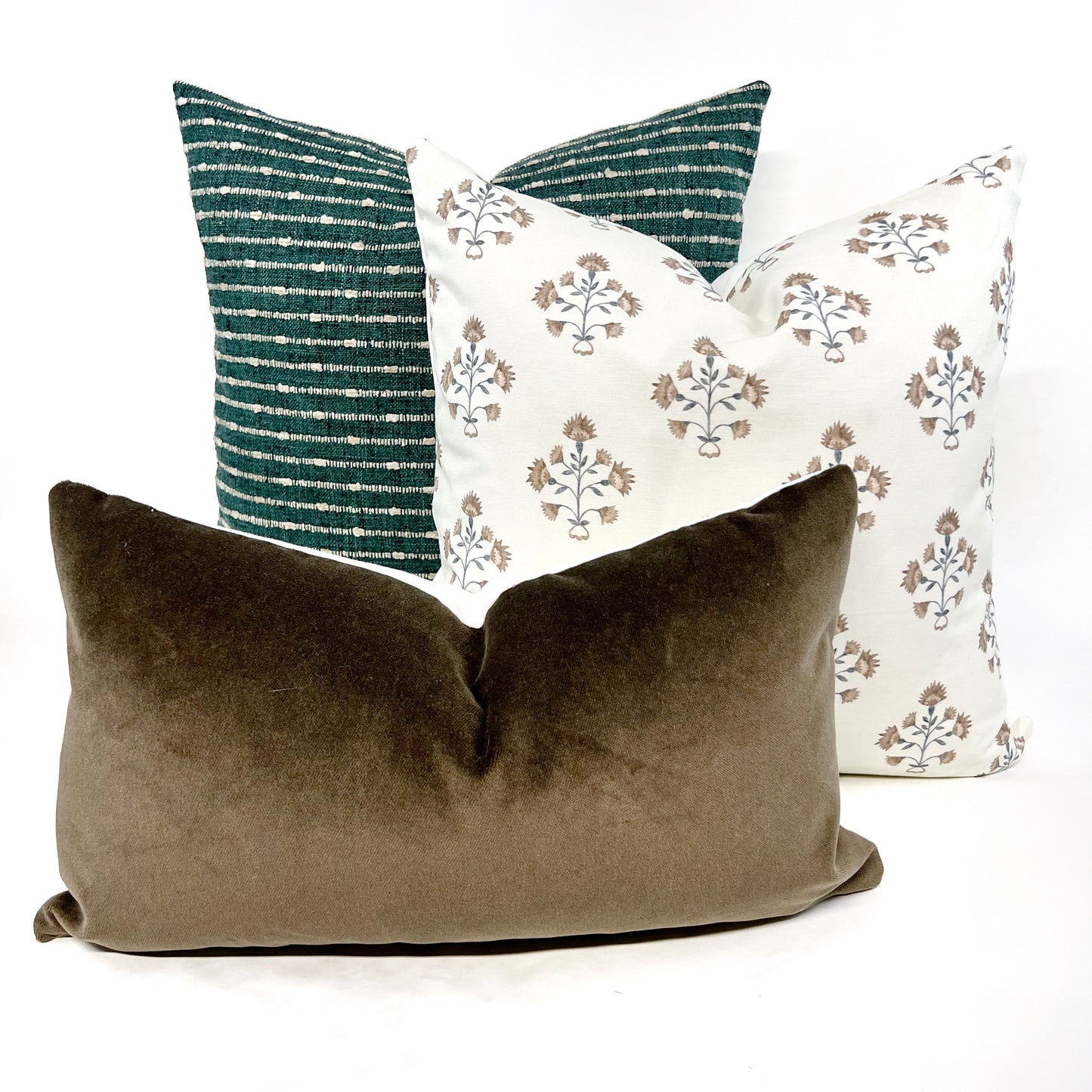 Dark teal green and beige woven stripe pillow cover
