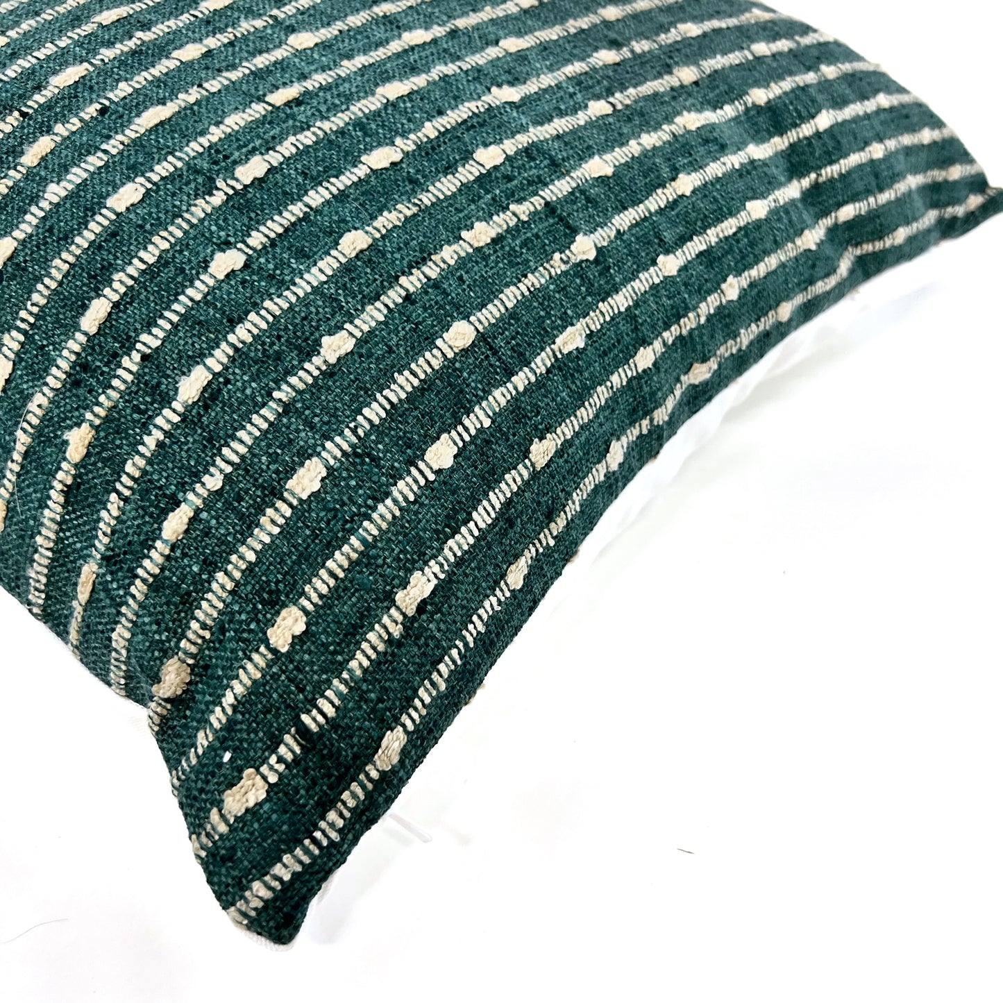 Dark teal green and beige woven stripe pillow cover