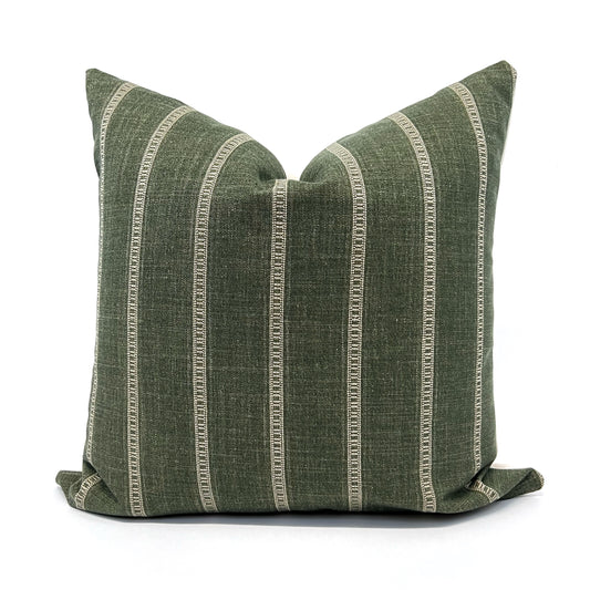 Olive green and beige stripe pillow cover