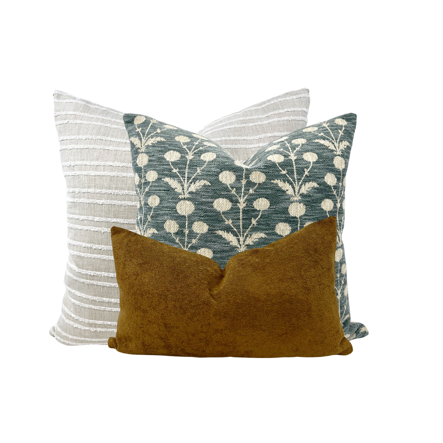 Pillow cover combination #20, beige and woven cream railroad stripe cover, juniper green Mughal floral cover, caramel brown woven cover
