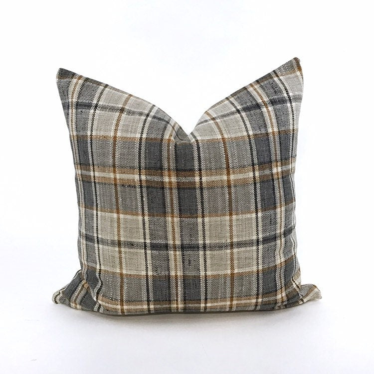 Gray and beige plaid pillow cover