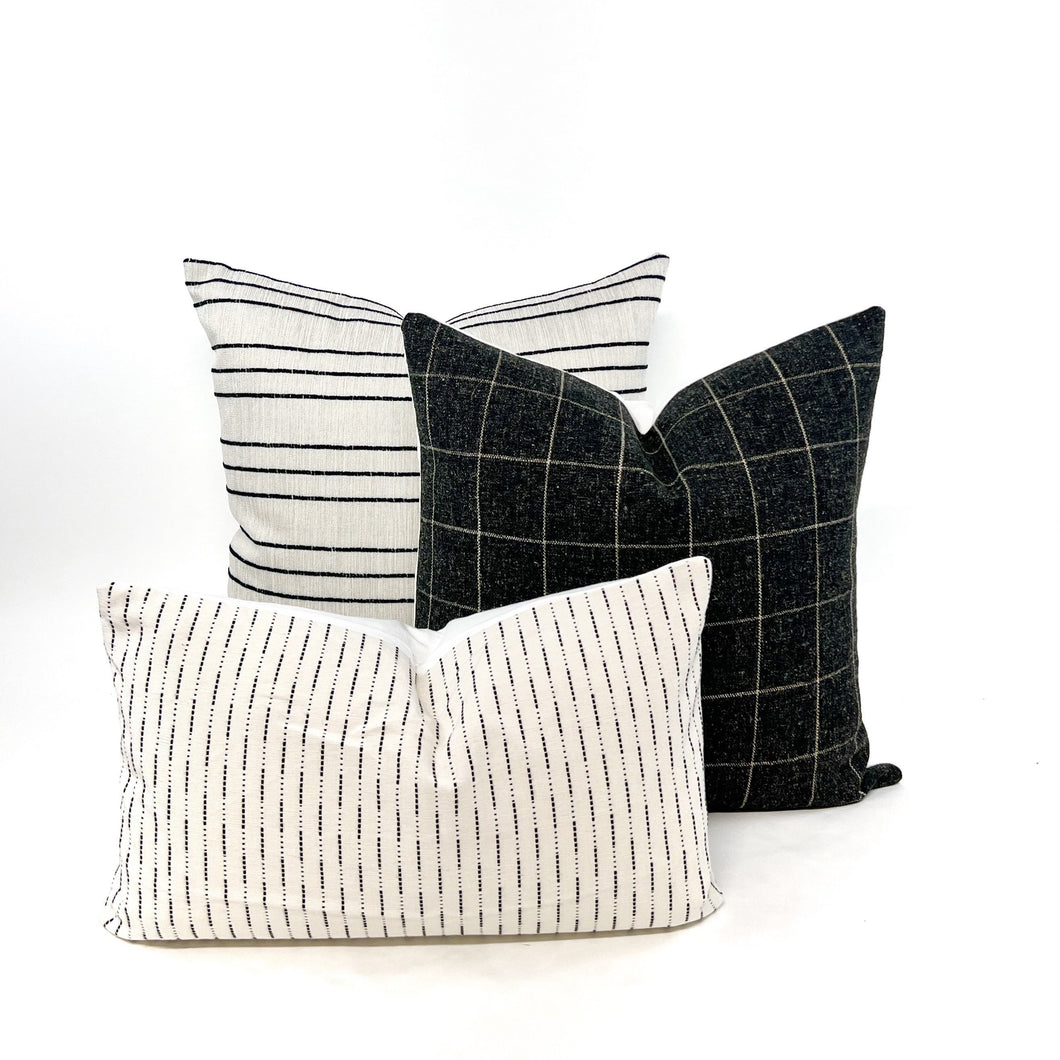 Pillow cover combo #7, flax woven black stripe cover, charcoal window pane cover, vertical woven white black cover
