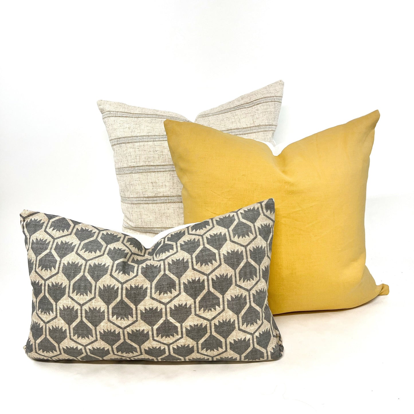 Pillow cover combination #5, neutral stripe cover, wheat yellow linen cover, steel gray and flax floral cover