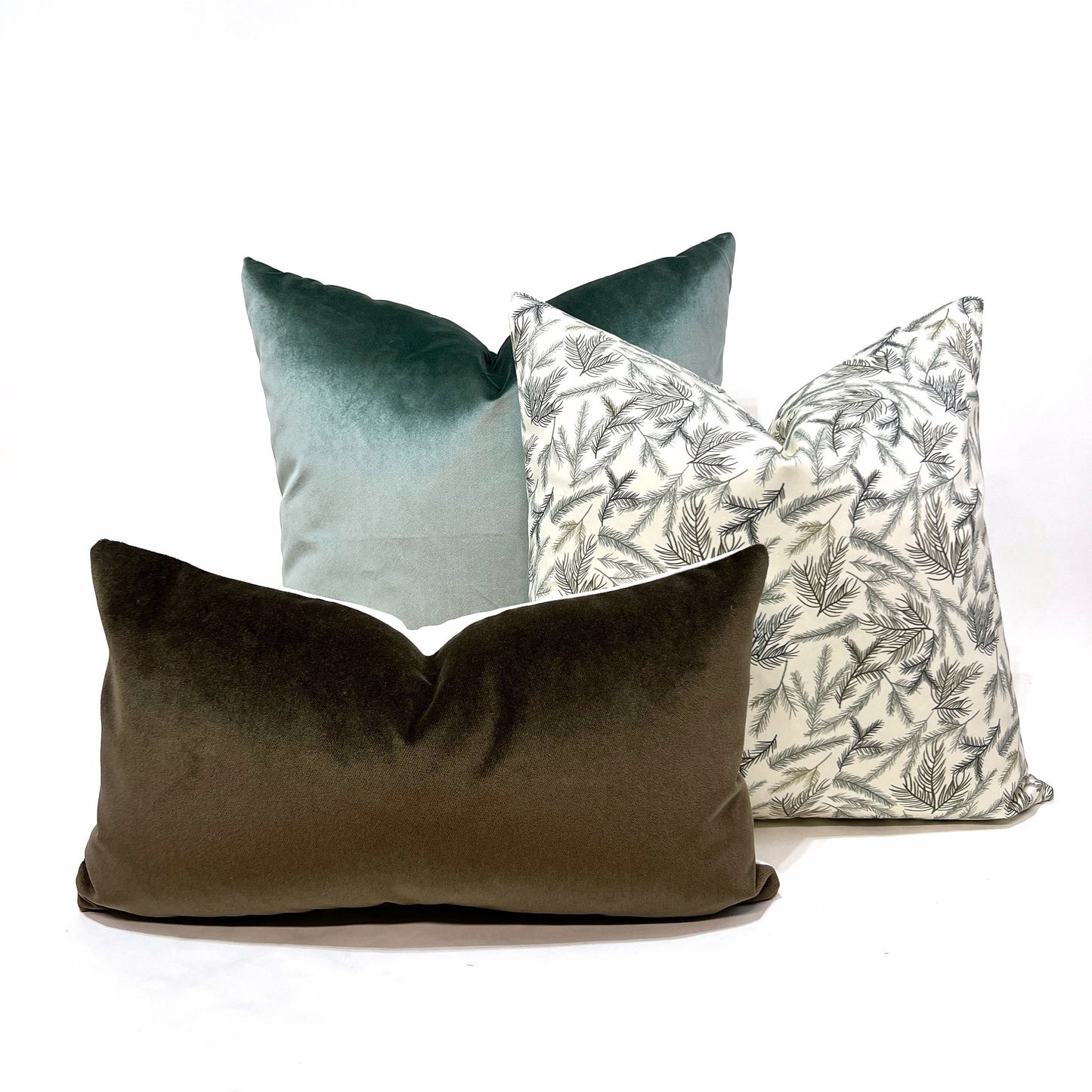 Pillow cover combination #12, sage green velvet cover, evergreen branch cover, mushroom brown velvet cover