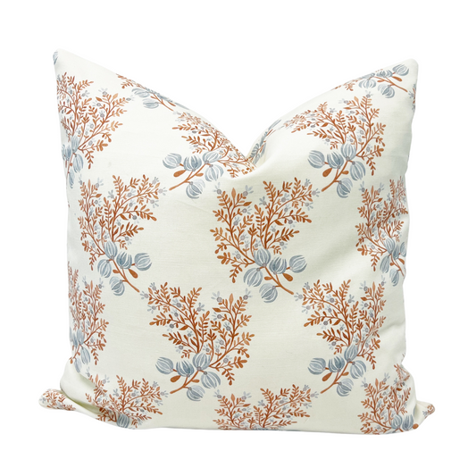 Dusty blue and terra cotta floral pillow cover