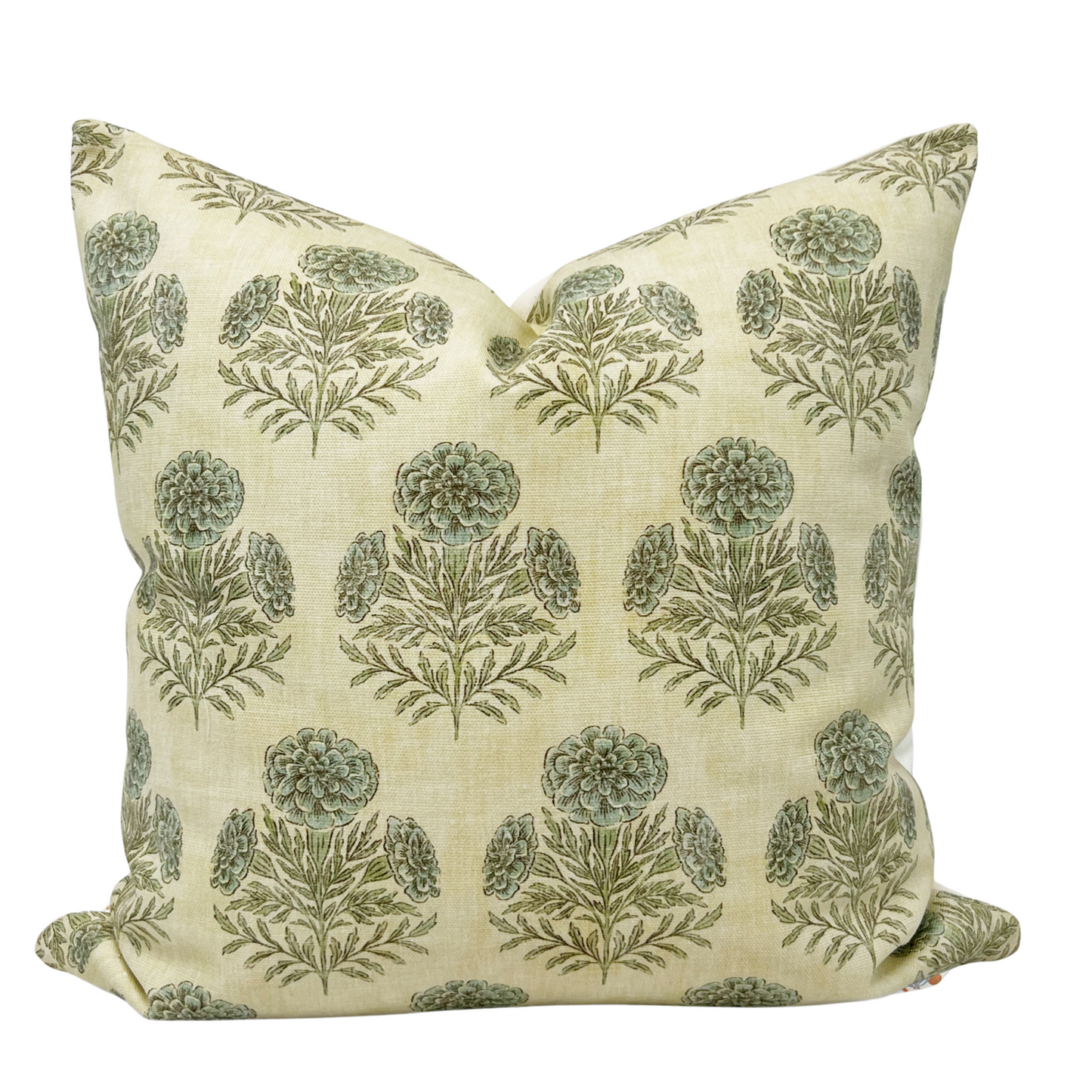 Blue and green marigold floral pillow cover