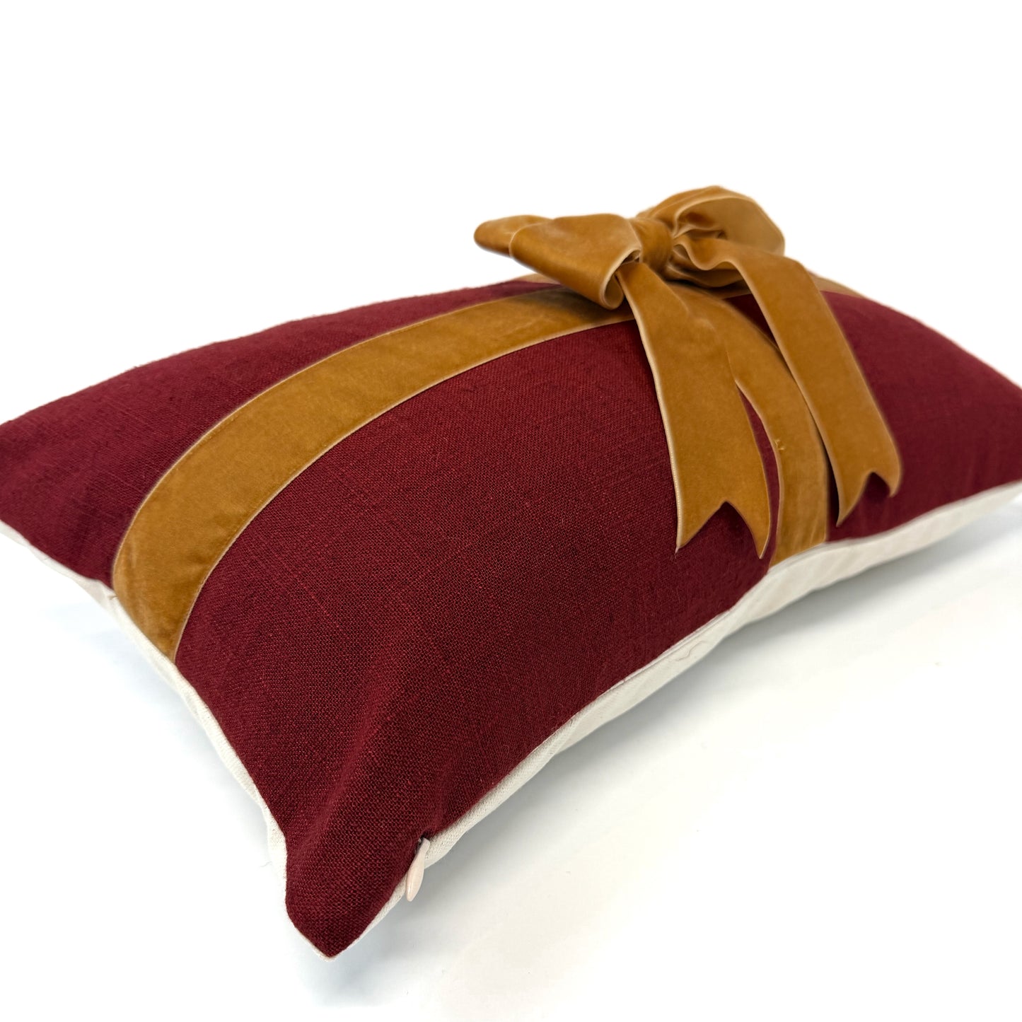 Deep red linen blend and gold bow pillow cover