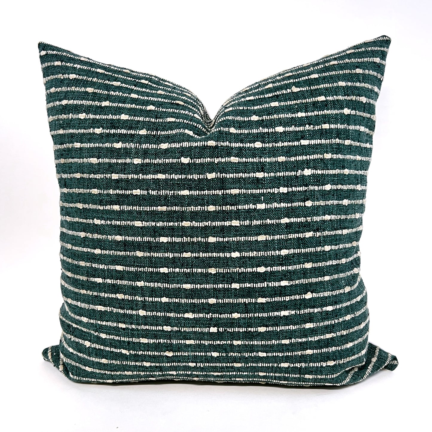 Dark teal green and white woven stripe pillow cover