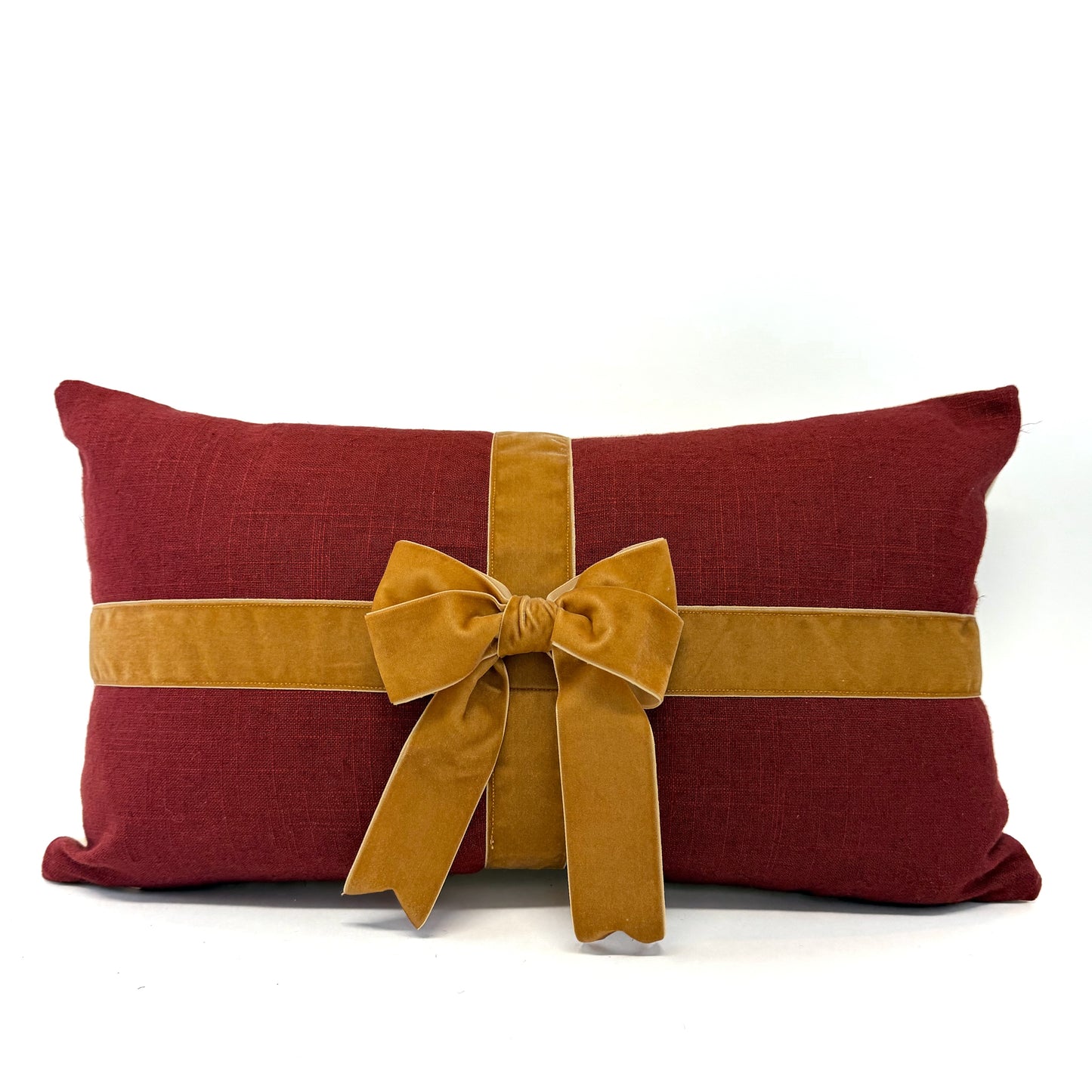 Deep red linen blend and gold bow pillow cover
