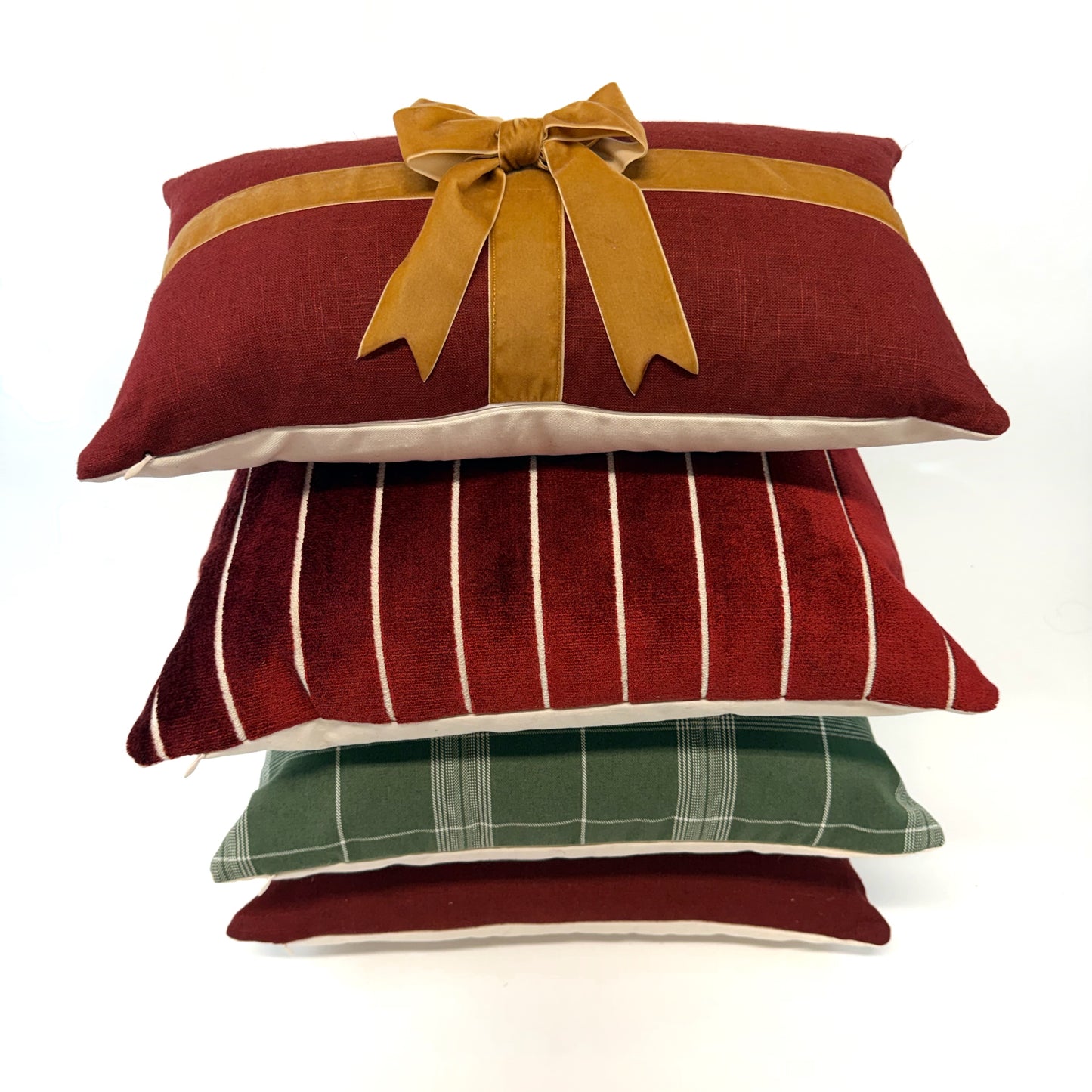 Red and white pinstripe velvet pillow cover