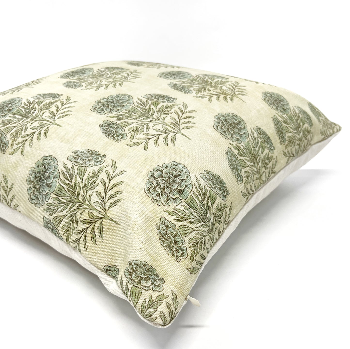 Blue and green marigold floral pillow cover