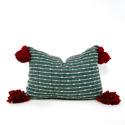 Dark green and beige stripe pillow cover with red chunky tassels