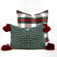 Dark green and beige stripe pillow cover with red chunky tassels