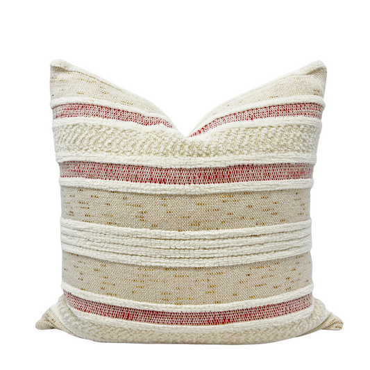 Cream, red and gold chunky woven stripe pillow cover