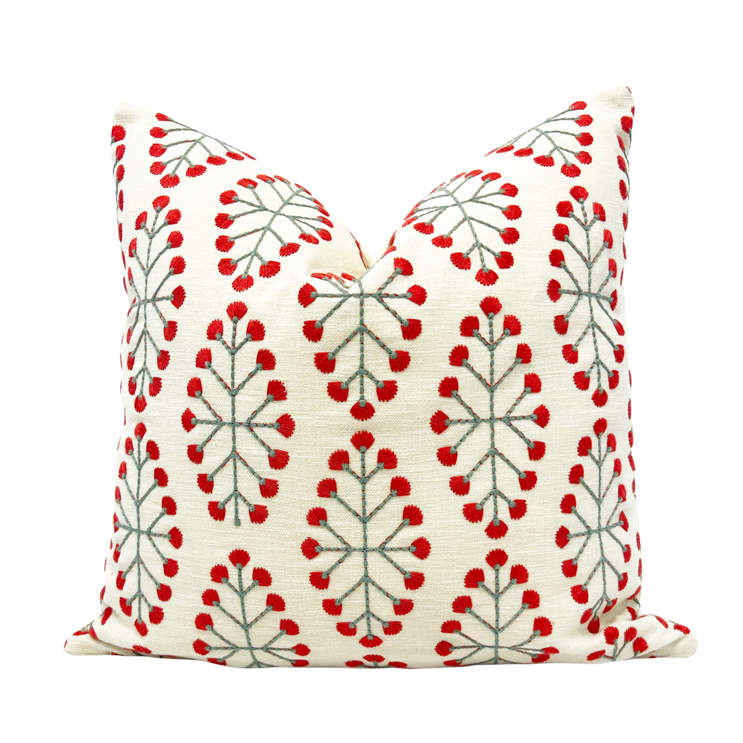 Coral and green embroidered floral pillow cover