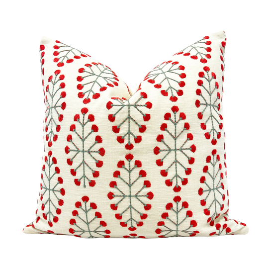 Coral and green embroidered floral pillow cover