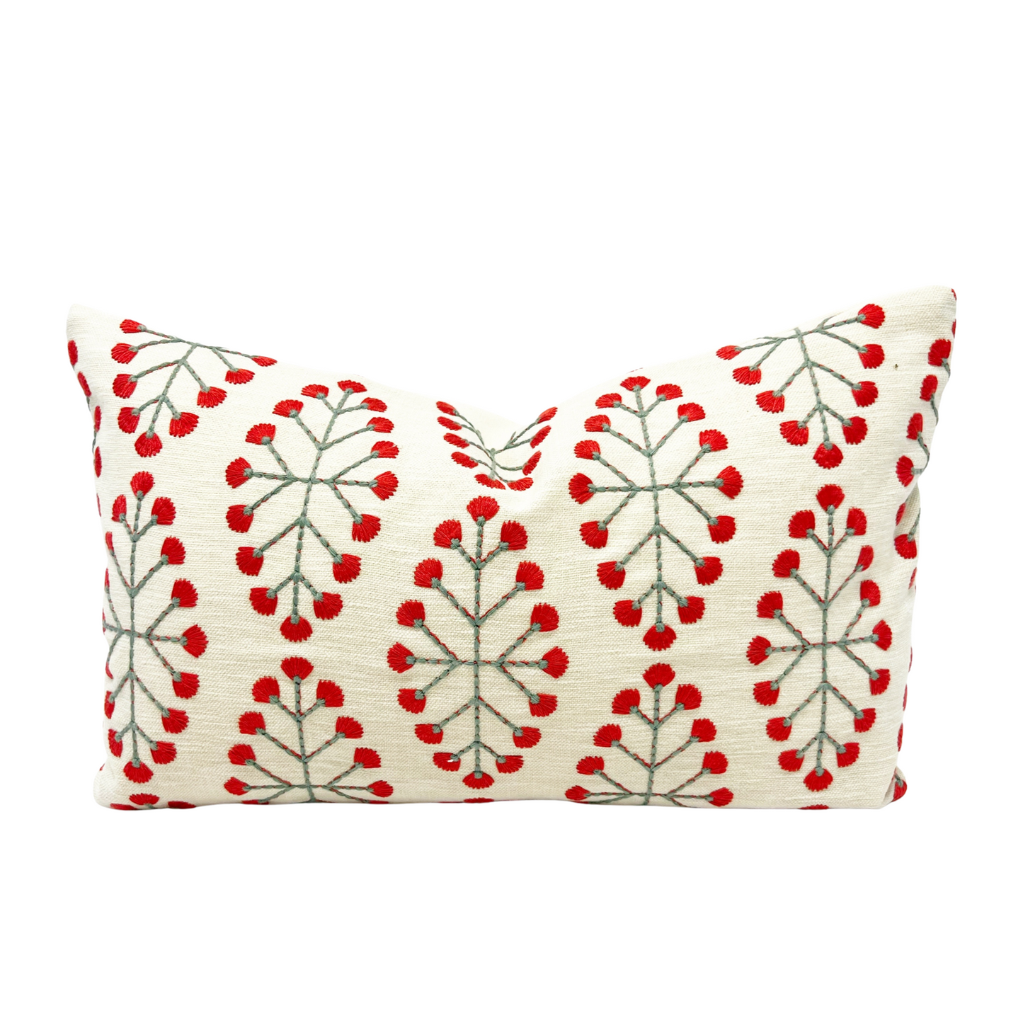 Coral and green embroidered floral pillow cover