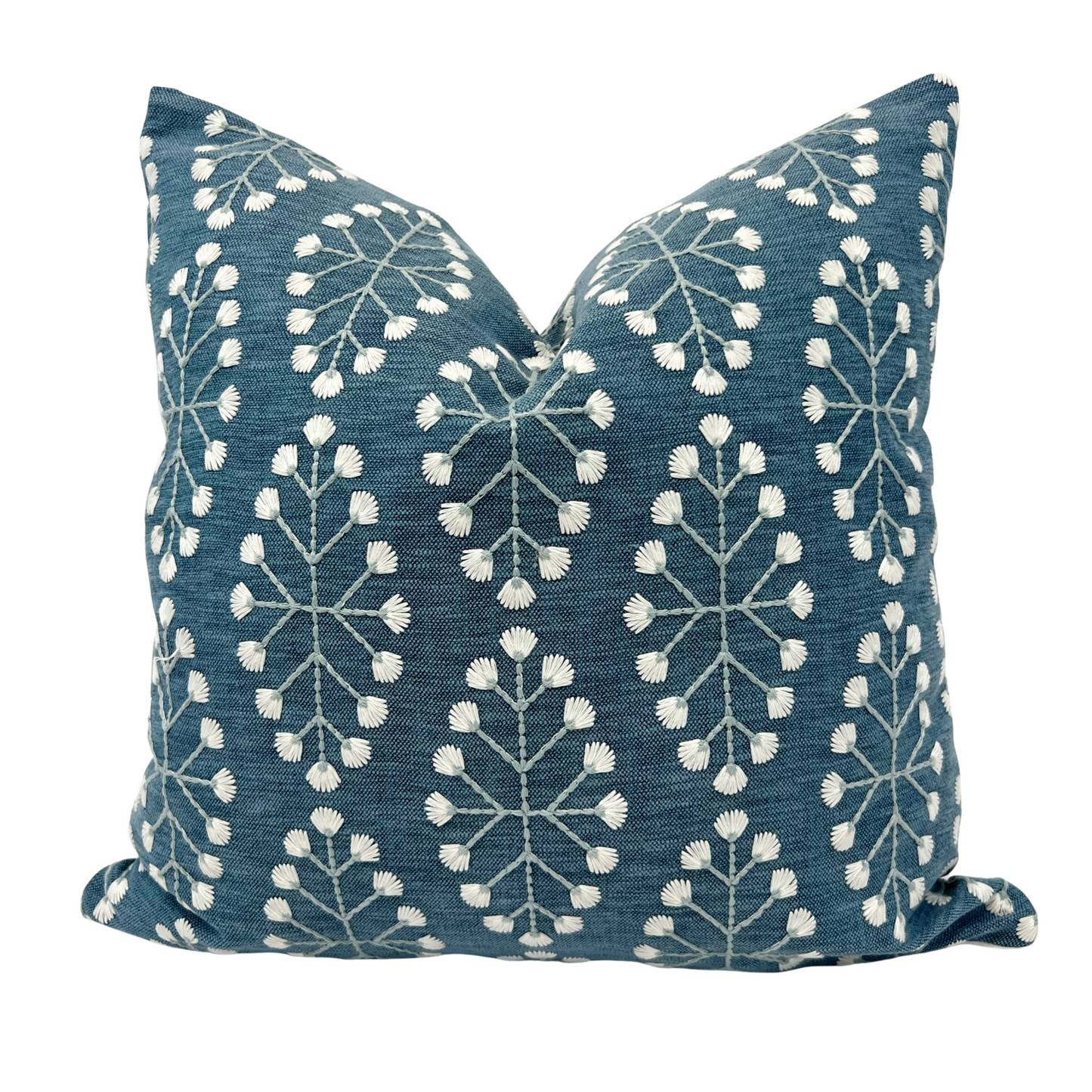 Blue and green embroidered floral pillow cover