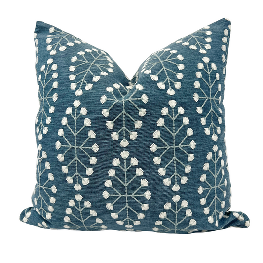 Blue and green embroidered floral pillow cover