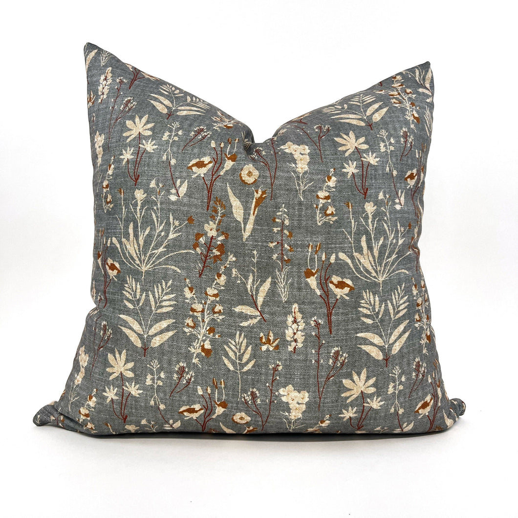 Rust and steel gray floral pillow cover