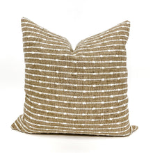 Load image into Gallery viewer, Dark green and beige stripe pillow cover with red chunky tassels
