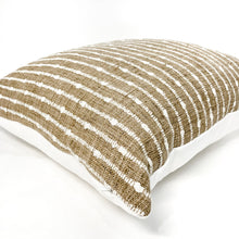 Load image into Gallery viewer, Dark green and beige stripe pillow cover with red chunky tassels
