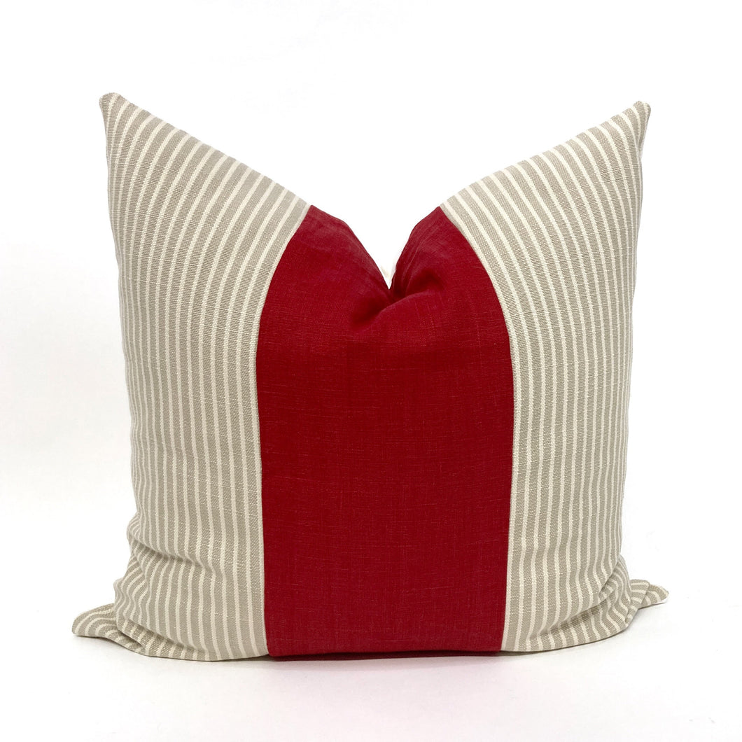 Red and beige stripe color block pillow cover