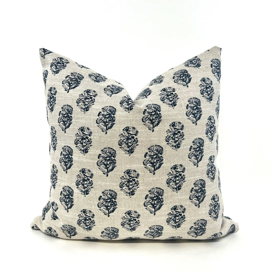 Blue floral block linen blend pillow cover