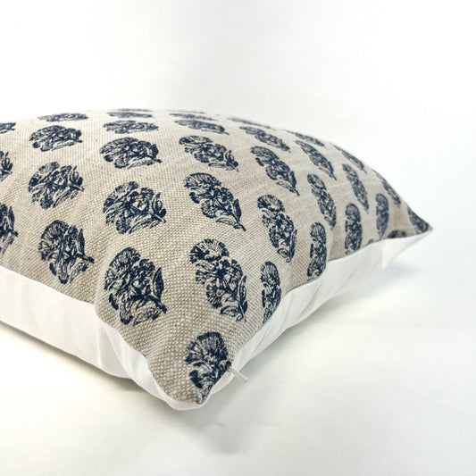 Blue floral block linen blend pillow cover