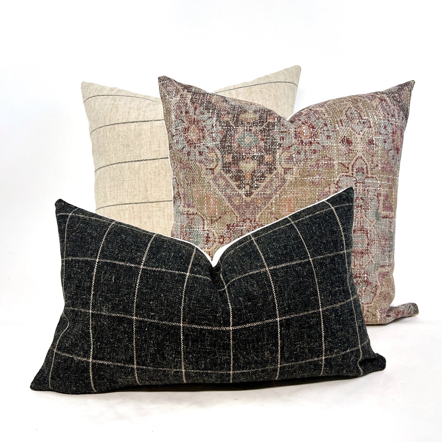 Pillow cover combo #15, oatmeal and black stripe cover, jewel-toned medallion cover, charcoal window pane cover