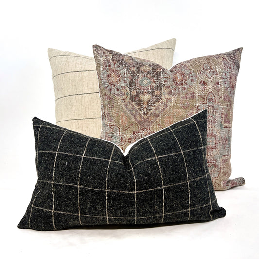 Pillow cover combo #15, oatmeal and black stripe cover, jewel-toned medallion cover, charcoal window pane cover